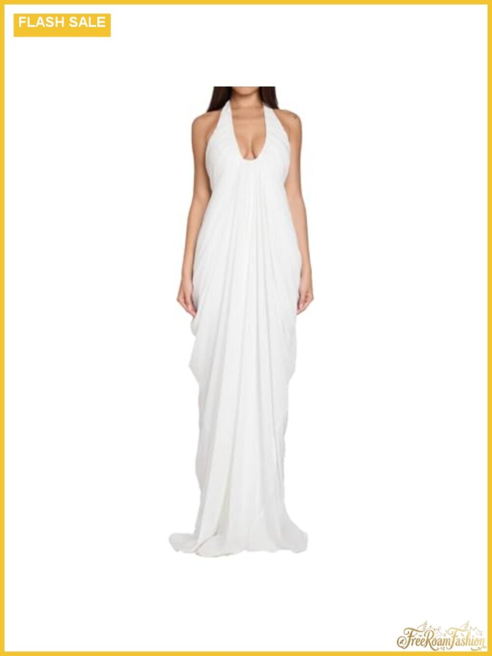Women Halter Deep V Neck Cascade Drape Floor Length Gown Wedding Guest Beach